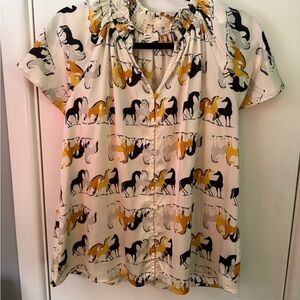 Horse Print Button-Up Blouse